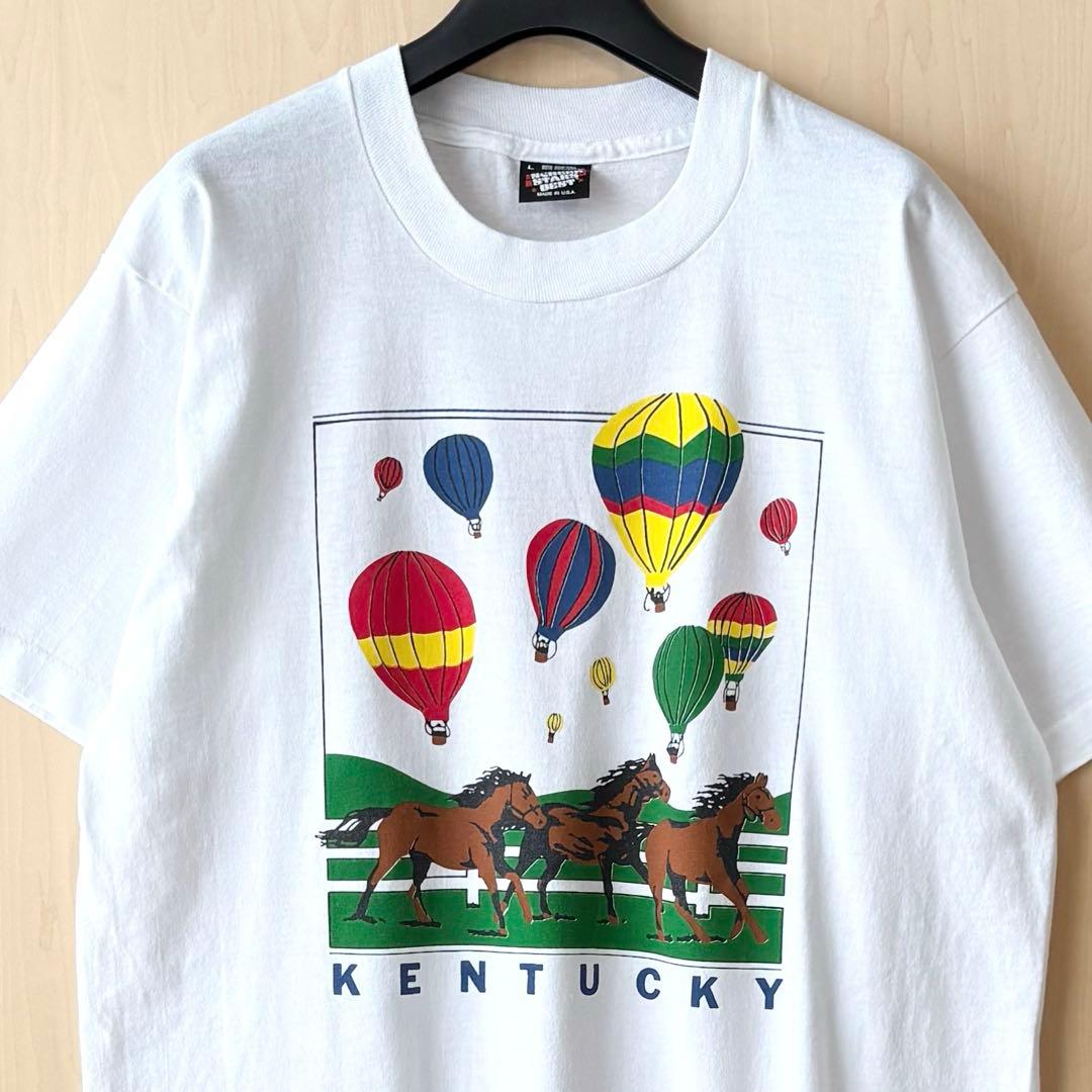 90sUSA製古着　ヴィンテージ　Tシャツ　気球　競馬　アート　シングルステッチ