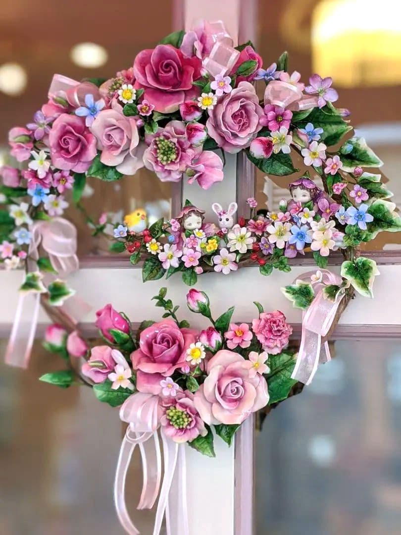 クレイフラワー♡フラワーリース♡花の妖精さん♡ハンドメイド