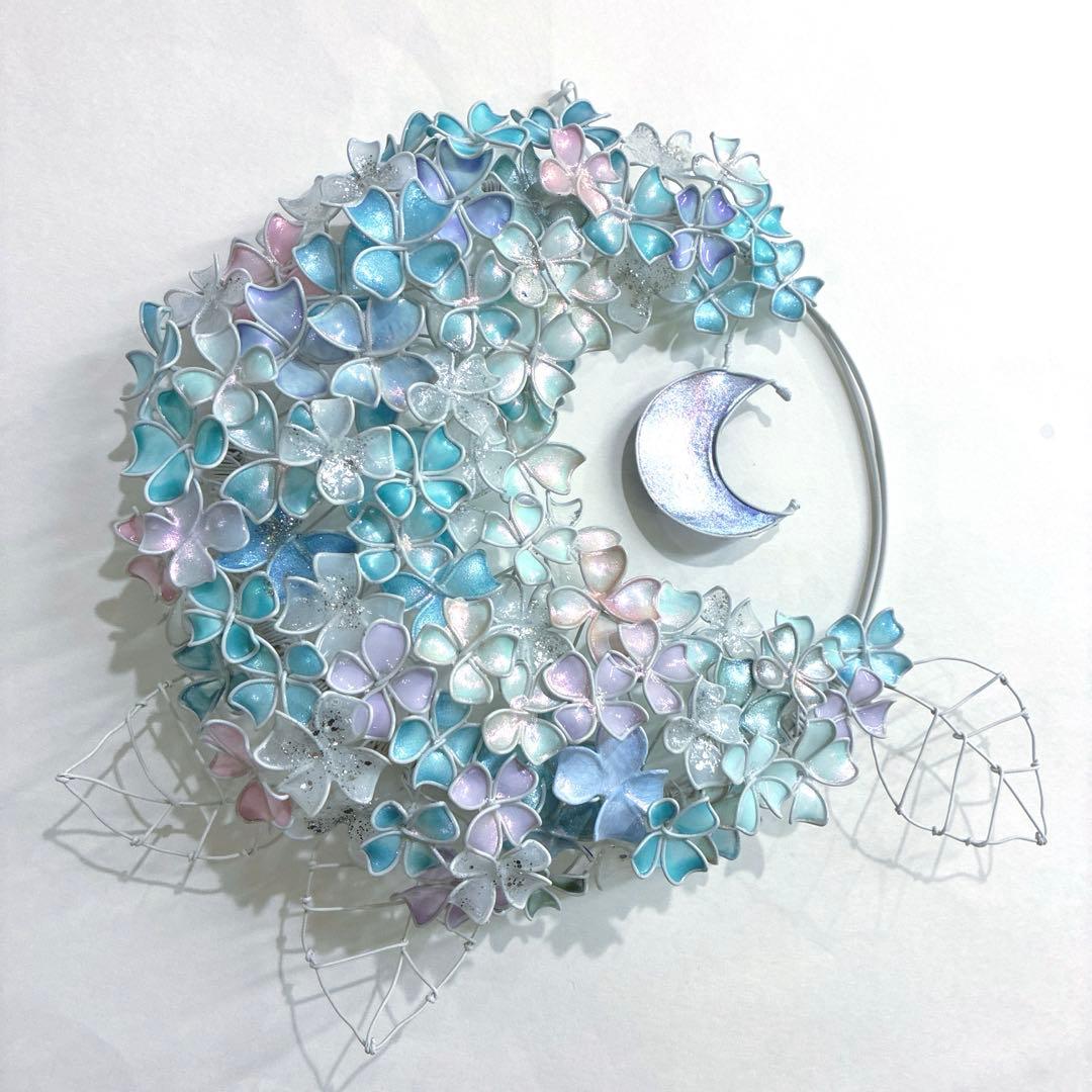 一点物　月×大きな紫陽花リース　ディップアート　ワイヤークラフト　アート
