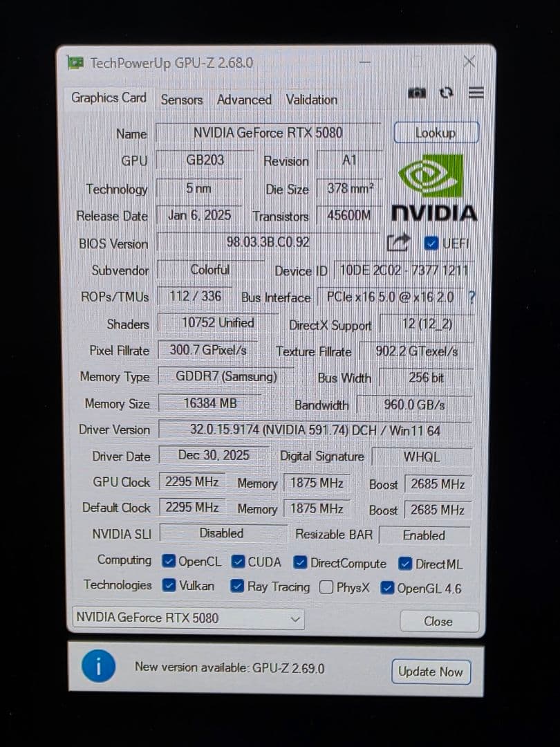 グラフィックボード・グラボ・ビデオカード Colorful GeForce RTX5080 Vulcan W OC 16G