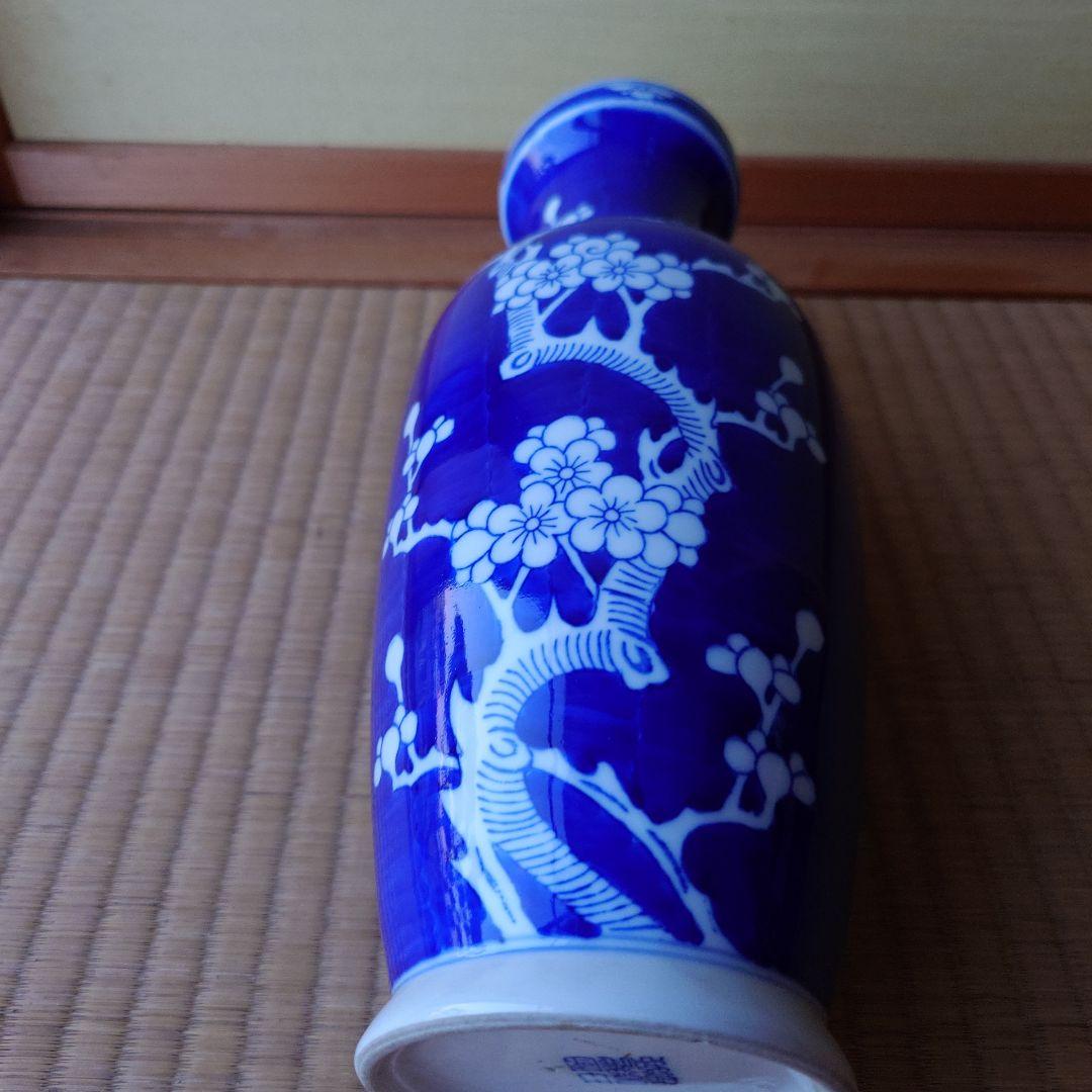 中国…青い花柄陶器花瓶　箱無し