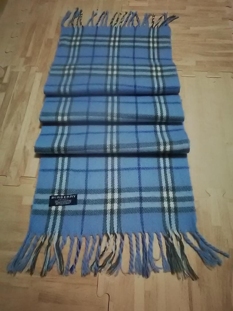 クリニング済　バーバリー ロンドン　 カシミア　青色チェック　マフラー