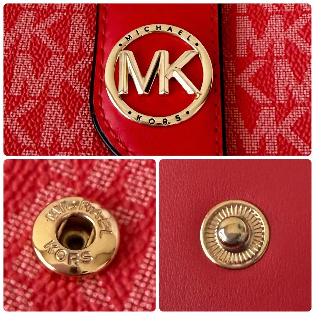 【極美品】マイケルコース　折り財布　MKゴールド金具　総柄　レッド　カード　小銭