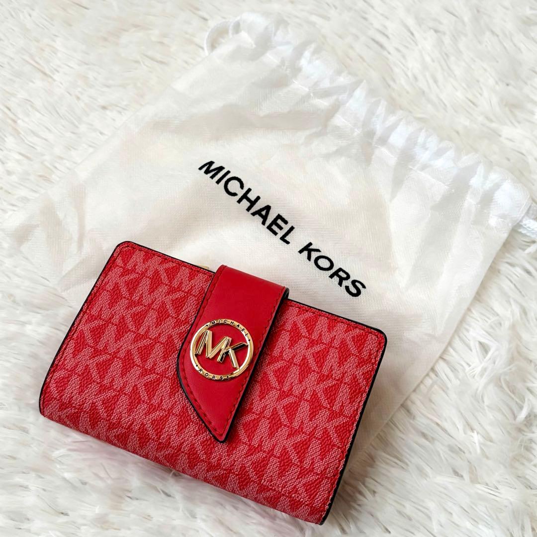 【極美品】マイケルコース　折り財布　MKゴールド金具　総柄　レッド　カード　小銭
