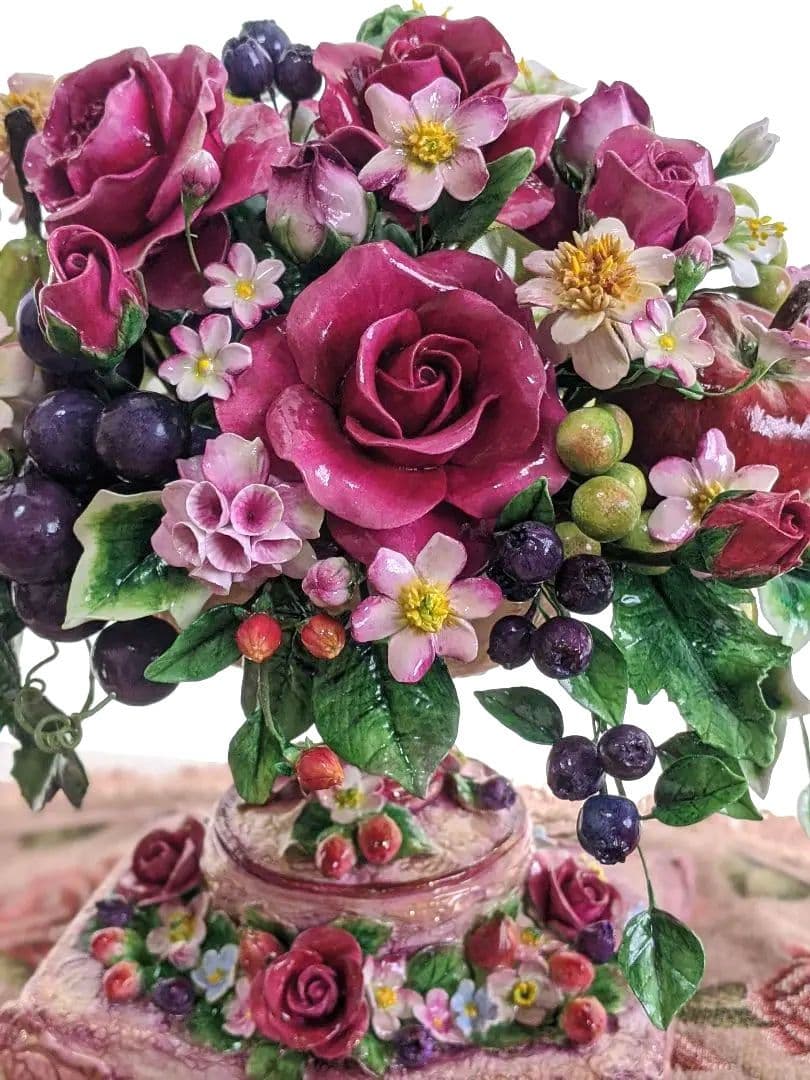 クレイフラワー❁ロココ調薔薇のフラワーアレンジメント❁ハンドメイド