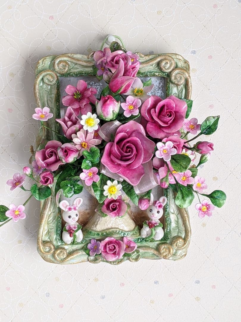 クレイフラワー❁ロココ調薔薇のフラワーアレンジメント❁ハンドメイド