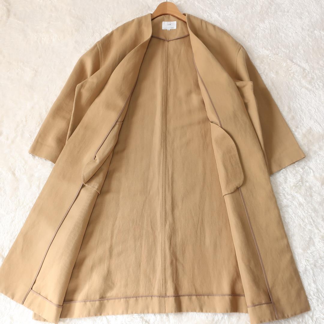 23区 コットンリネンカルゼ ノーカラーコート スプリングコート ベージュ 38