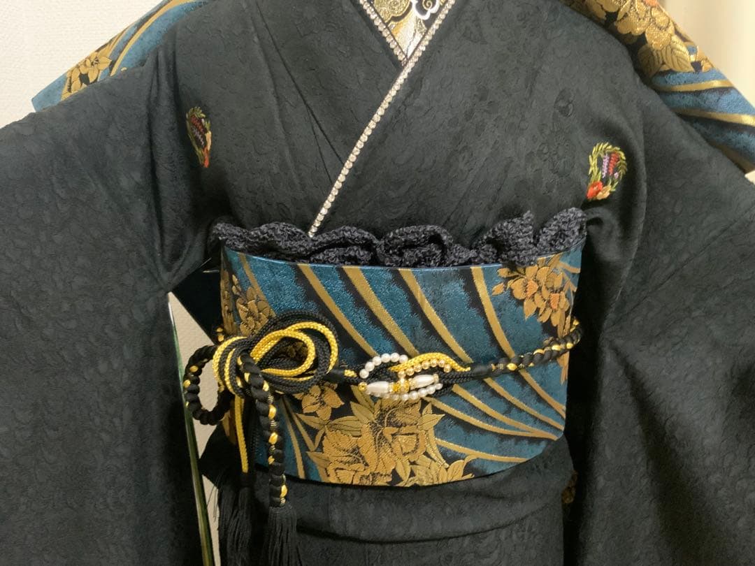 黒の色無地 正絹振袖 全て揃ったフルセット トールサイズ