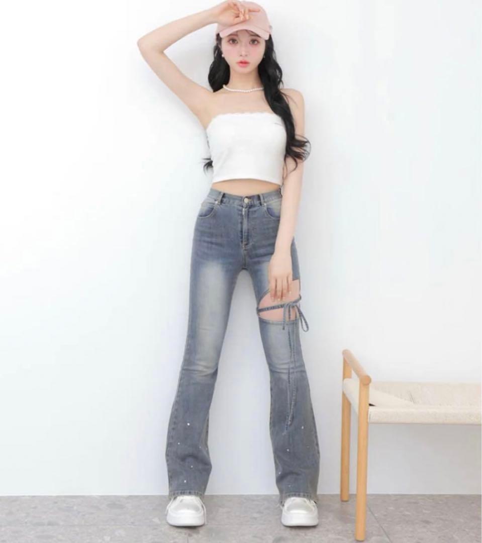 パンツ M me eme Ribbon bleach flaredenim