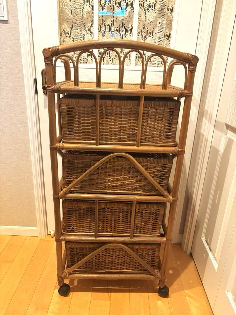 ラタン　籐　4段　収納　棚　引き出し　キャスター付き　アンティーク　レトロ
