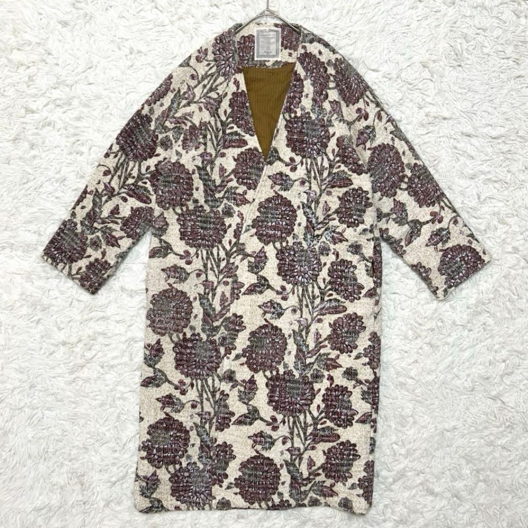 美品✨ビアズリー ジャガード ツイードコート 花柄 ノーカラー