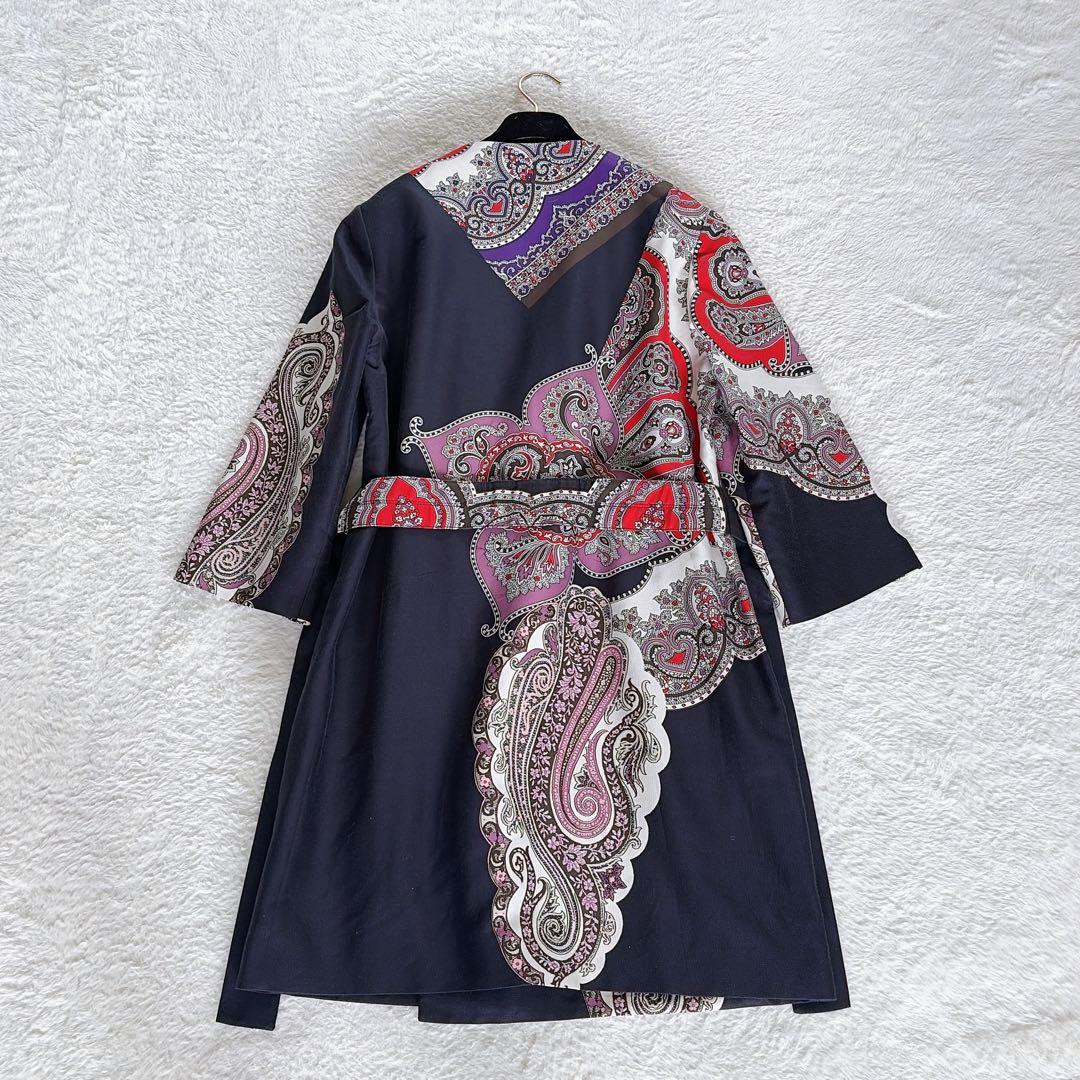 希少✨極美品【エトロ】ペイズリー柄ノーカラーコート ベルト シルクコットン 44
