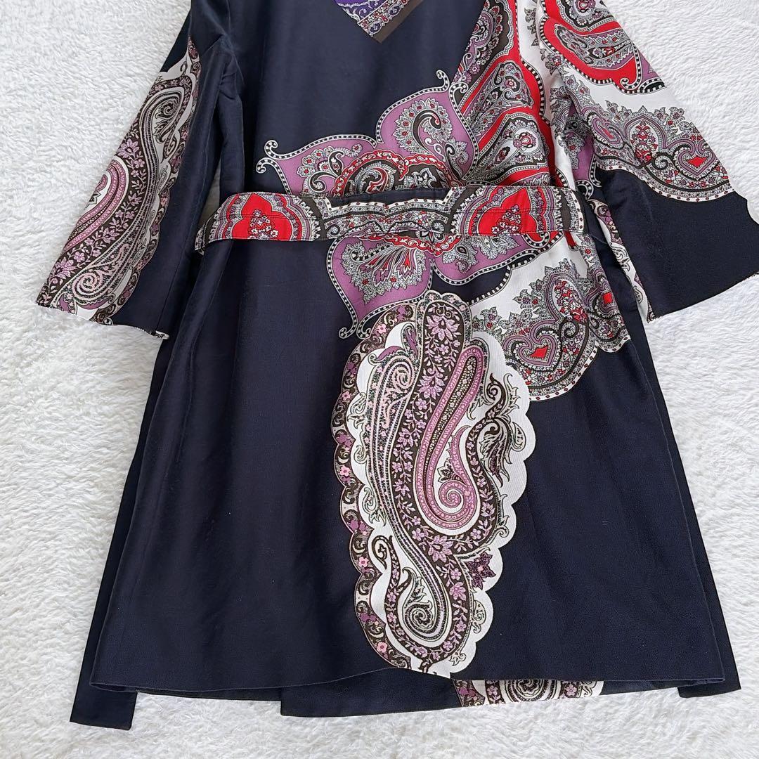 希少✨極美品【エトロ】ペイズリー柄ノーカラーコート ベルト シルクコットン 44