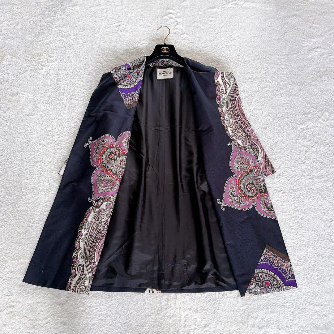 希少✨極美品【エトロ】ペイズリー柄ノーカラーコート ベルト シルクコットン 44