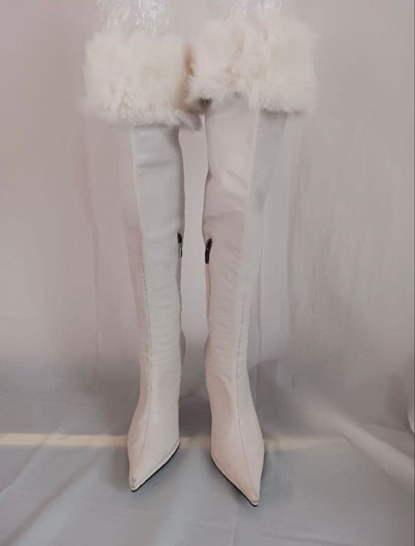 COMEXホワイトレザー ファー付きロングブーツ ハイヒール ニーハイブーツ