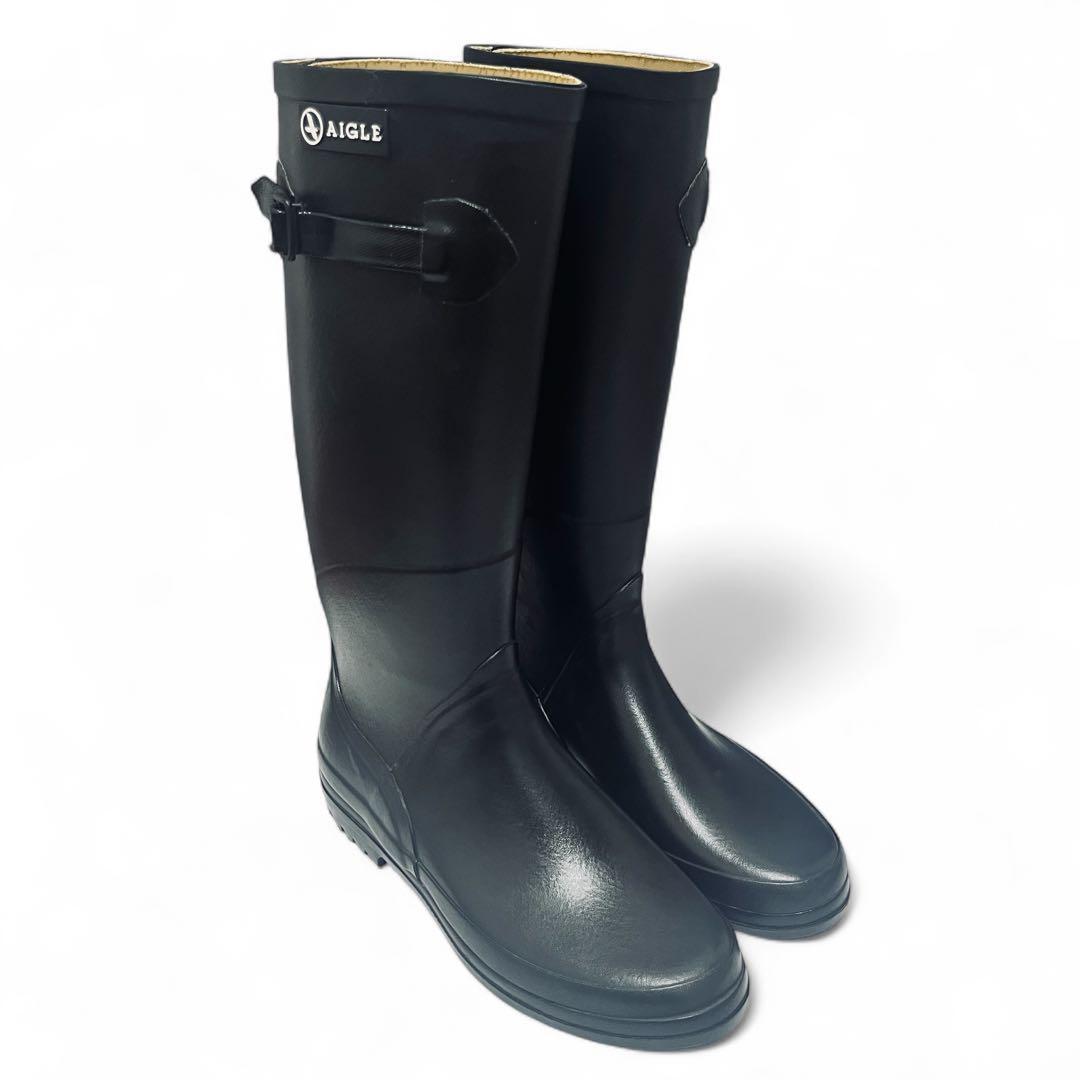 極美品！エーグル AIGLE レインブーツ ロングブーツ バックル付き