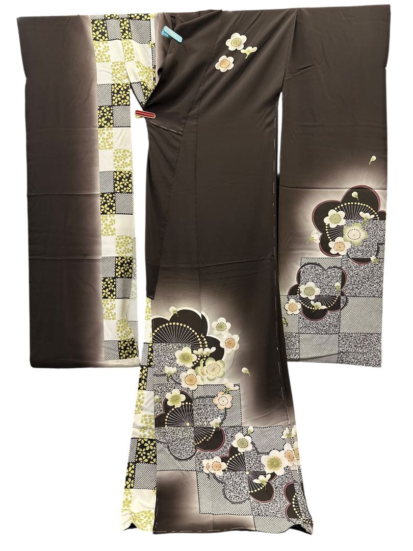 お*様 正絹 振袖 梅 市松 未仕立て品 仮絵羽