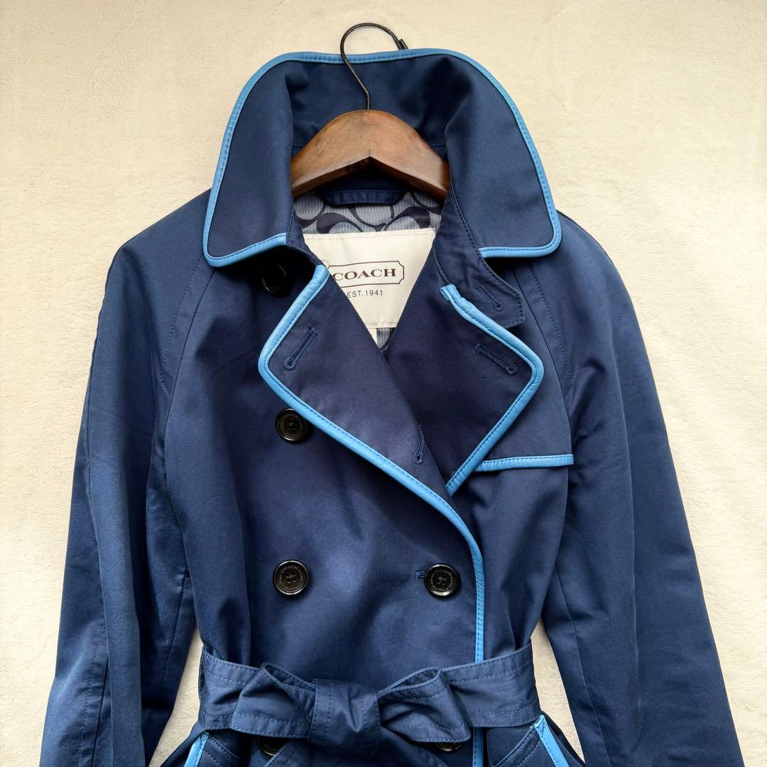 COACH コーチ ネイビー ダブルブレスト トレンチコート シグネチャー