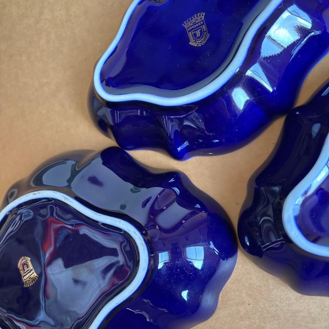 【フランス製】リモージュ Limoges ブルー 金彩 3枚セット 大皿 小皿
