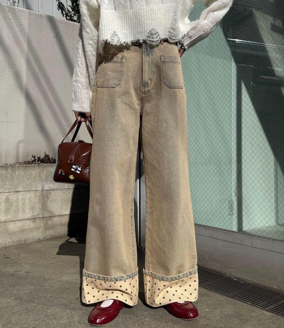 CIAOPANIC ロールアップドットワイドデニムパンツ　ブラウン