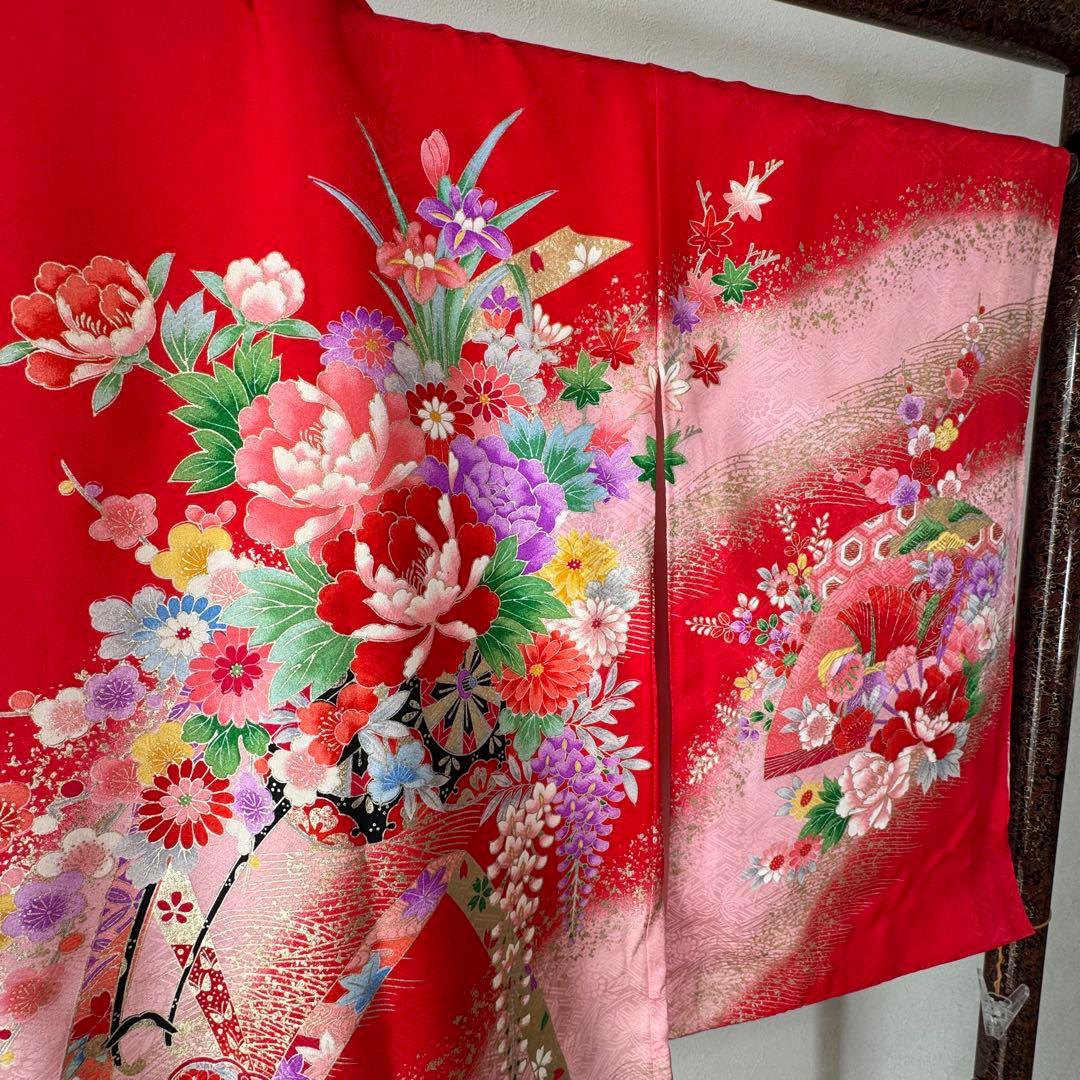 超美品　お宮参り 　正絹　産着　初着　現代　着物　女の子　女子　赤　ピンク　花車