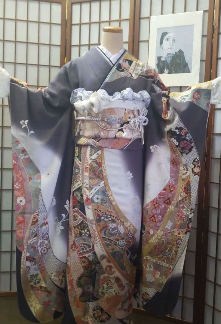445クラシカル　熨斗　白灰染分け　鈴乃屋振袖正絹8点フルセット　卒業成人式
