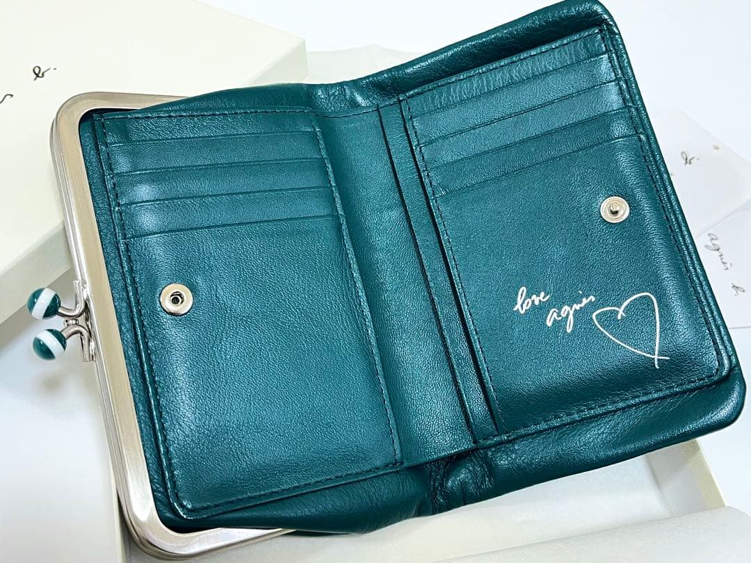 【美品】agnes b. レザー がま口 二つ折り財布 牛革 グリーン