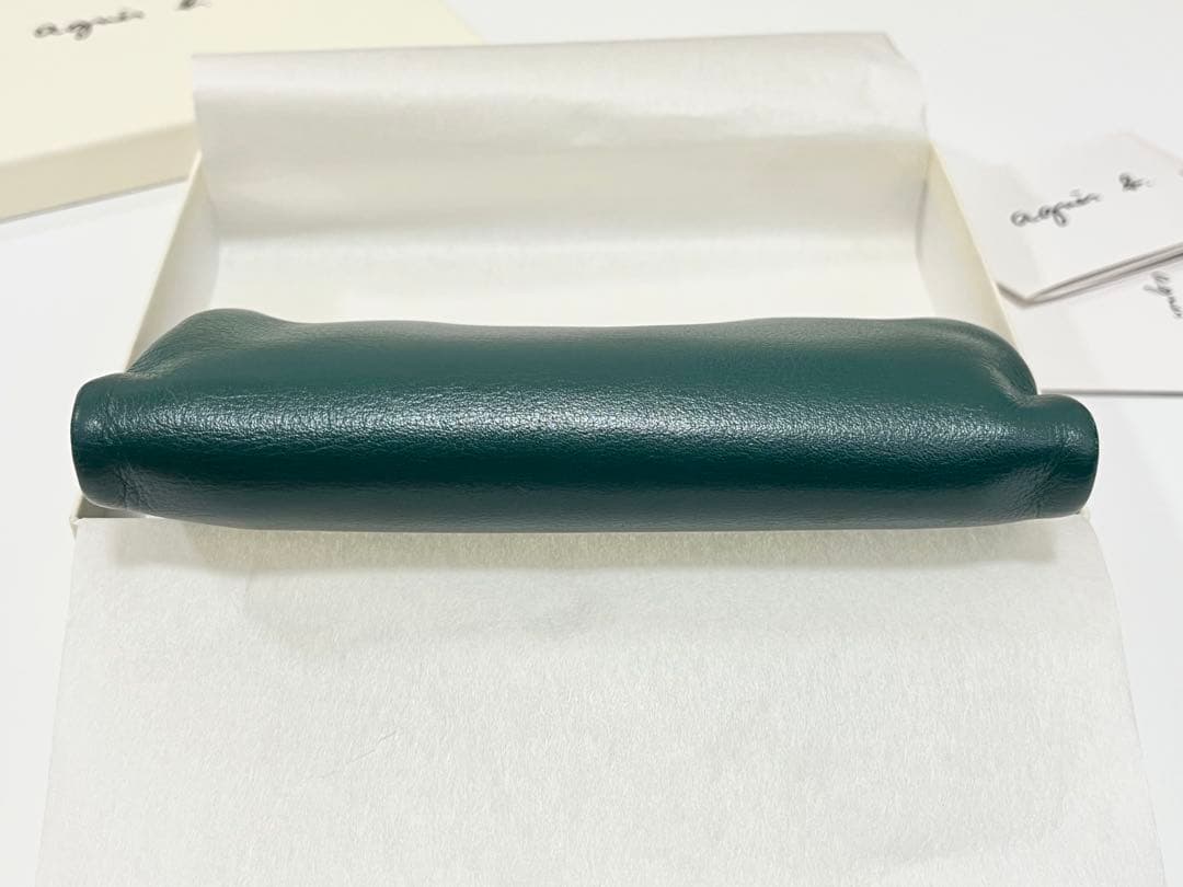 【美品】agnes b. レザー がま口 二つ折り財布 牛革 グリーン