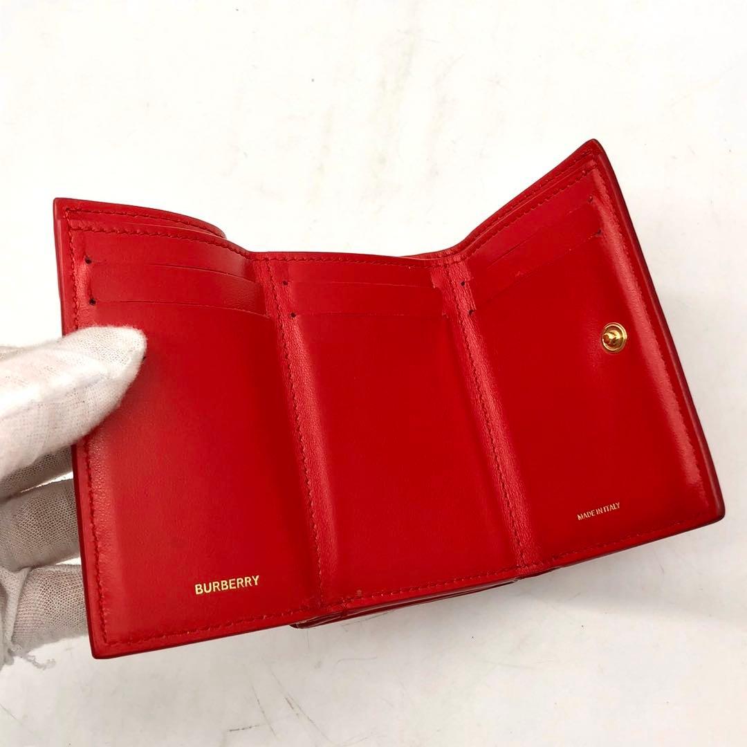 【美品】BURBERRY 3つ折り財布 TB ロゴ レザー レッド ゴールド
