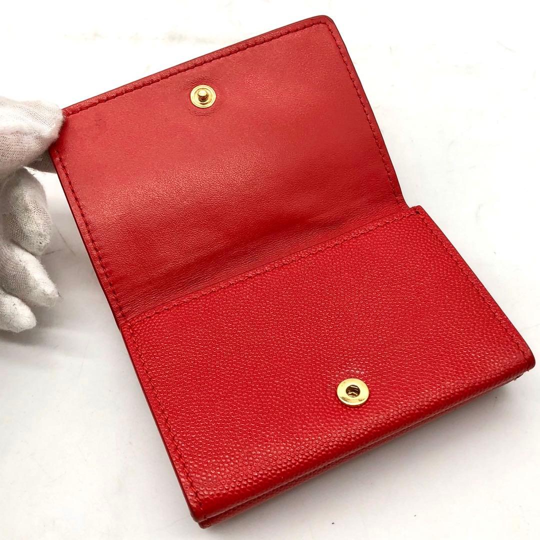 【美品】BURBERRY 3つ折り財布 TB ロゴ レザー レッド ゴールド