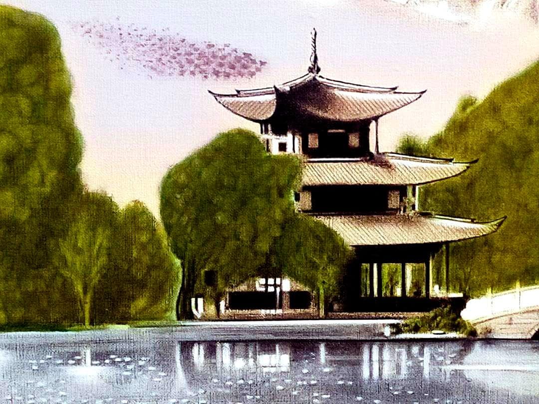 ♥油彩画　F８号　中国　王泉公園より王竜雪山を望む　風景画