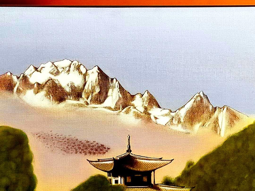 ♥油彩画　F８号　中国　王泉公園より王竜雪山を望む　風景画