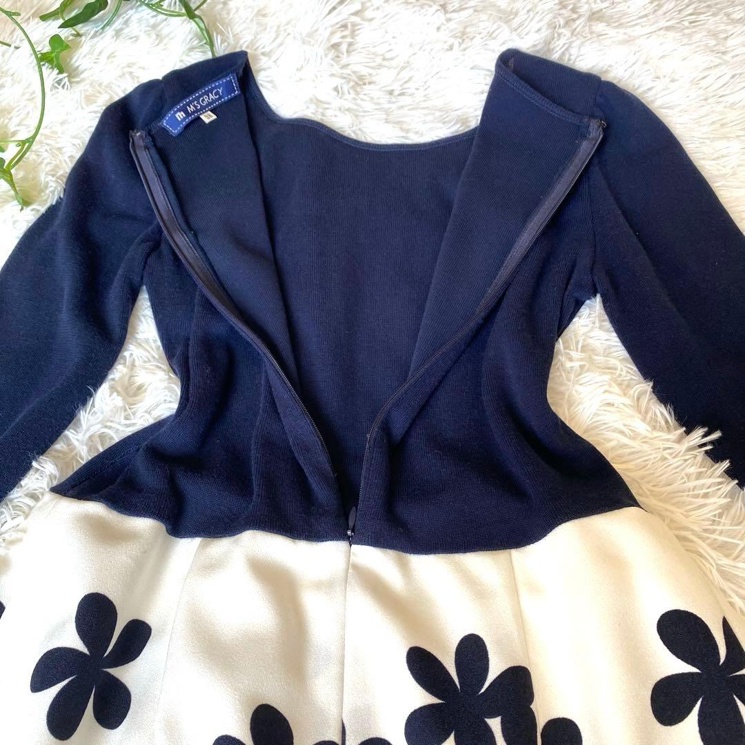 【極美品】M’S GRACY 花柄ワンピース 7分袖 ネイビー ホワイト 38