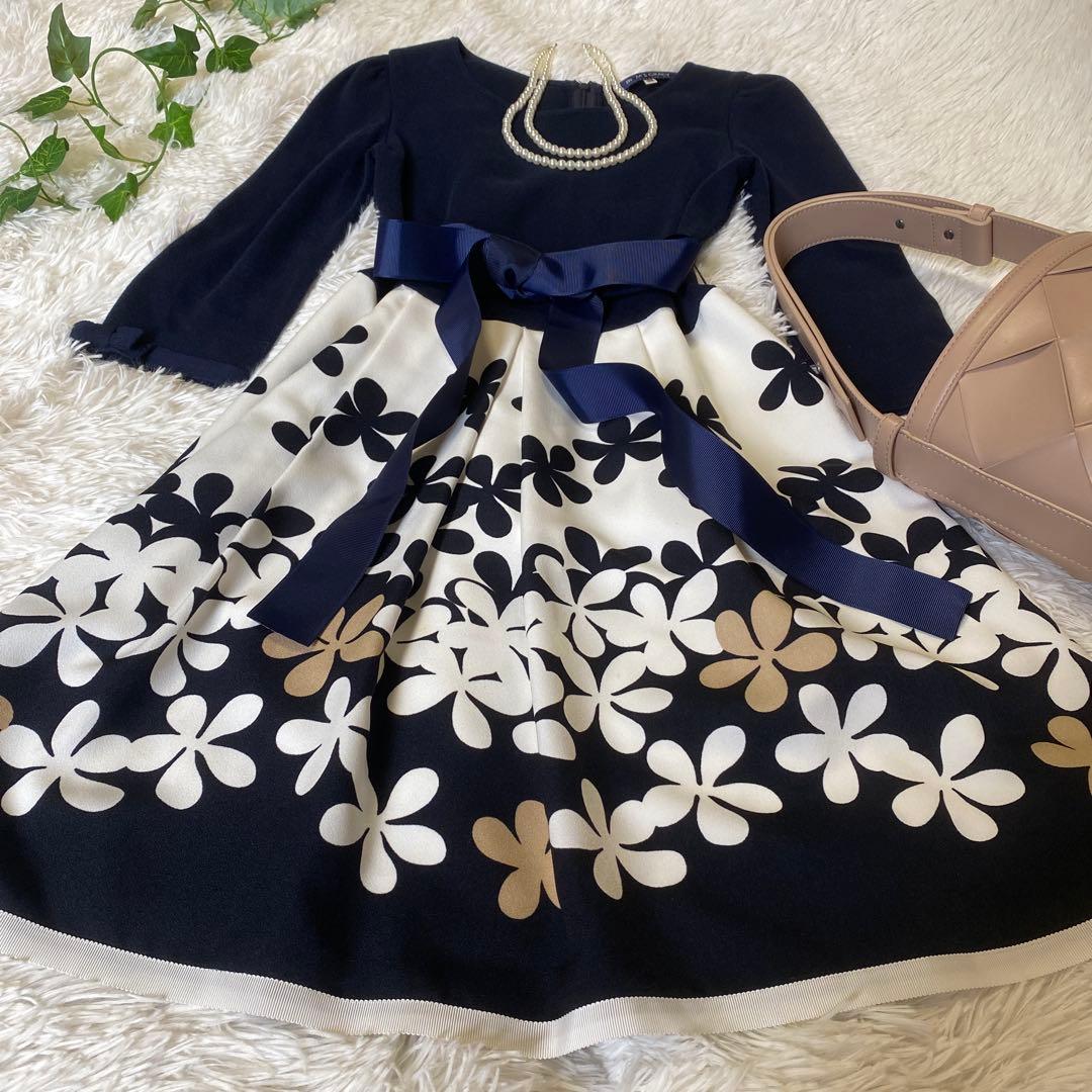 【極美品】M’S GRACY 花柄ワンピース 7分袖 ネイビー ホワイト 38