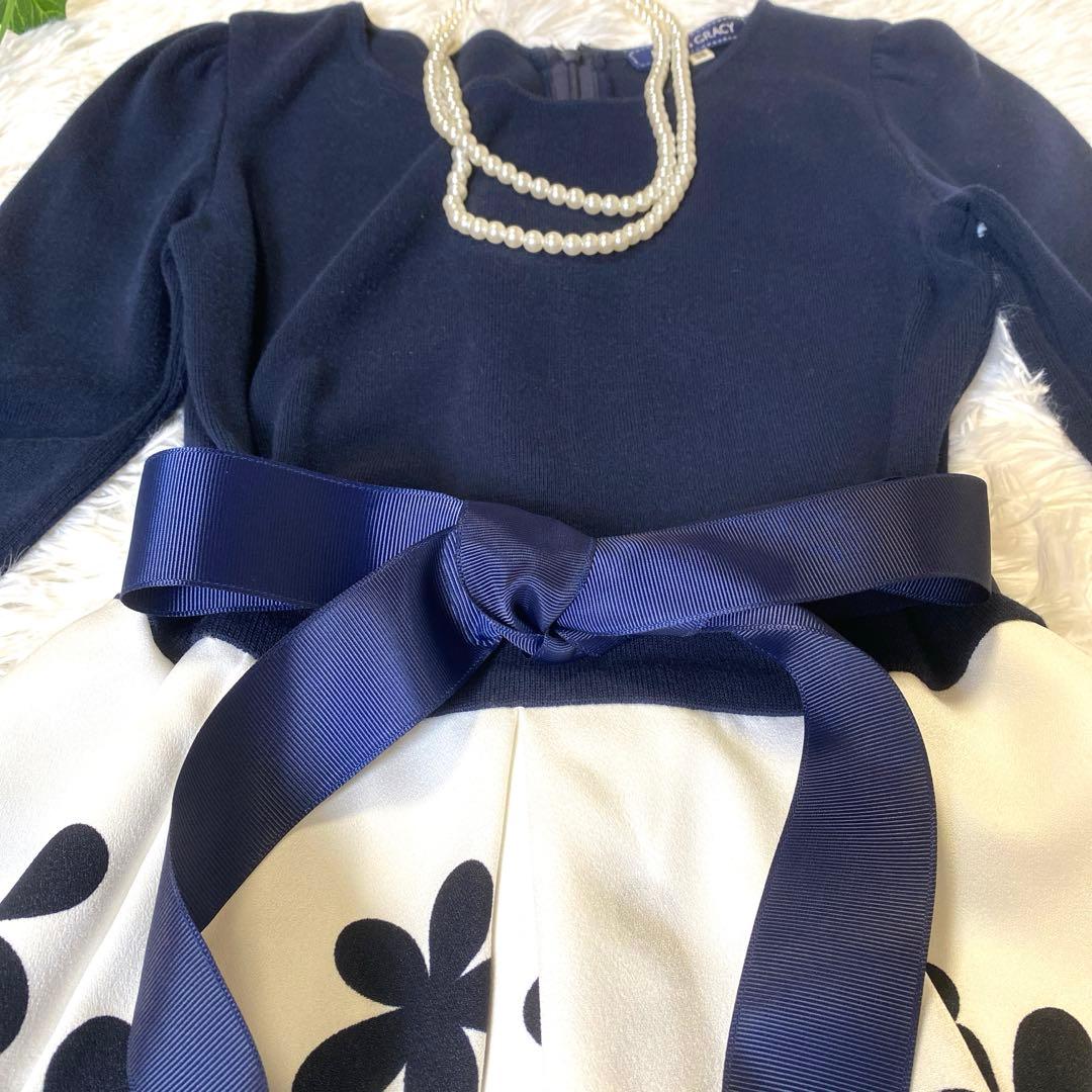 【極美品】M’S GRACY 花柄ワンピース 7分袖 ネイビー ホワイト 38
