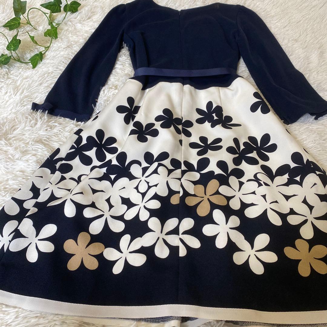 【極美品】M’S GRACY 花柄ワンピース 7分袖 ネイビー ホワイト 38