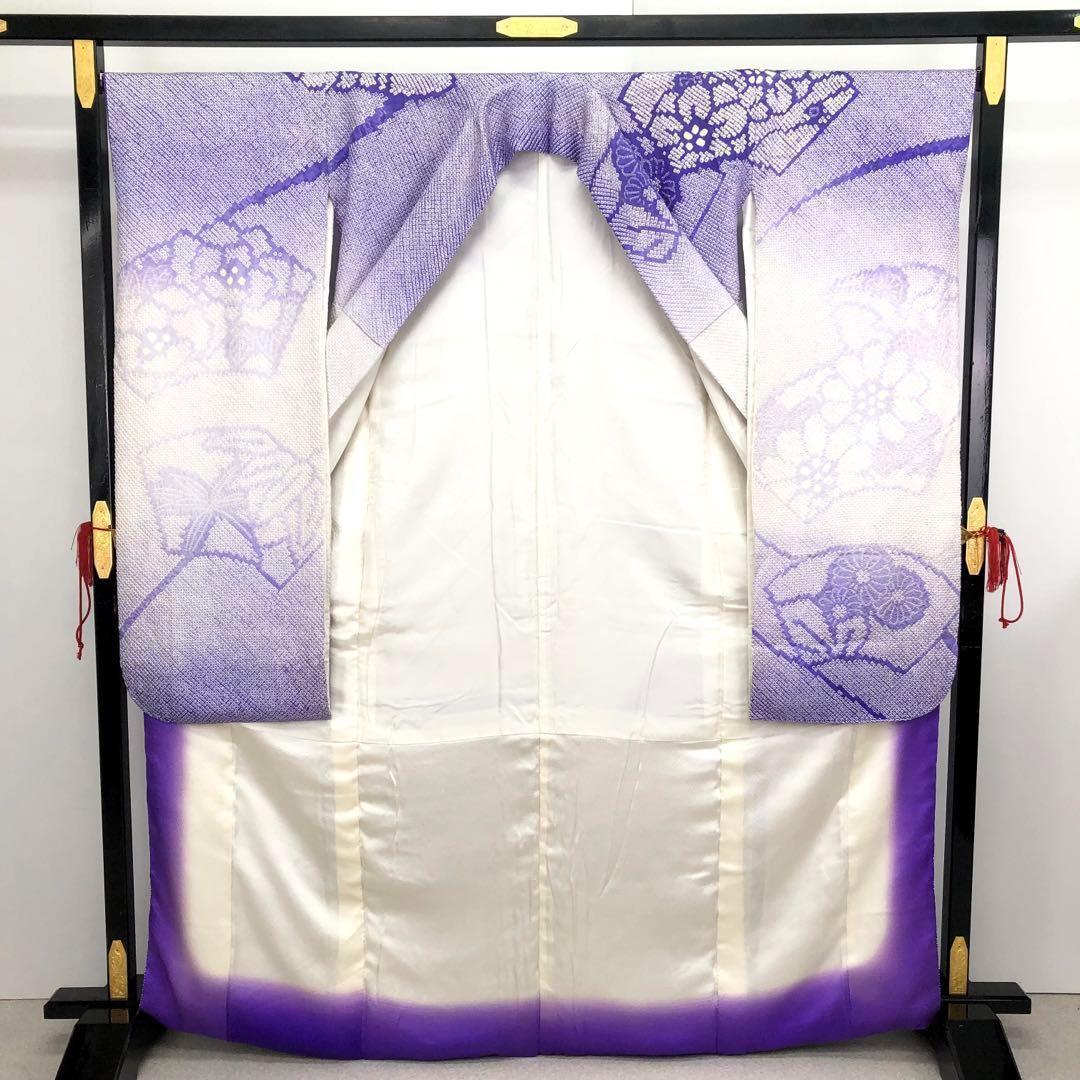 振袖 総絞り 疋田絞り 地紙に花柄模様 青紫色 トールサイズ KK-1532