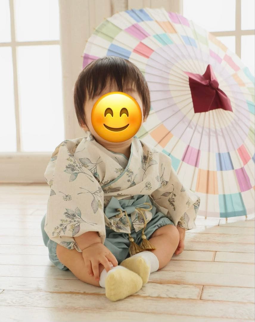 Pベビー袴ハンドメイド　グリーンリーフ柄×ミストブルーグリーン