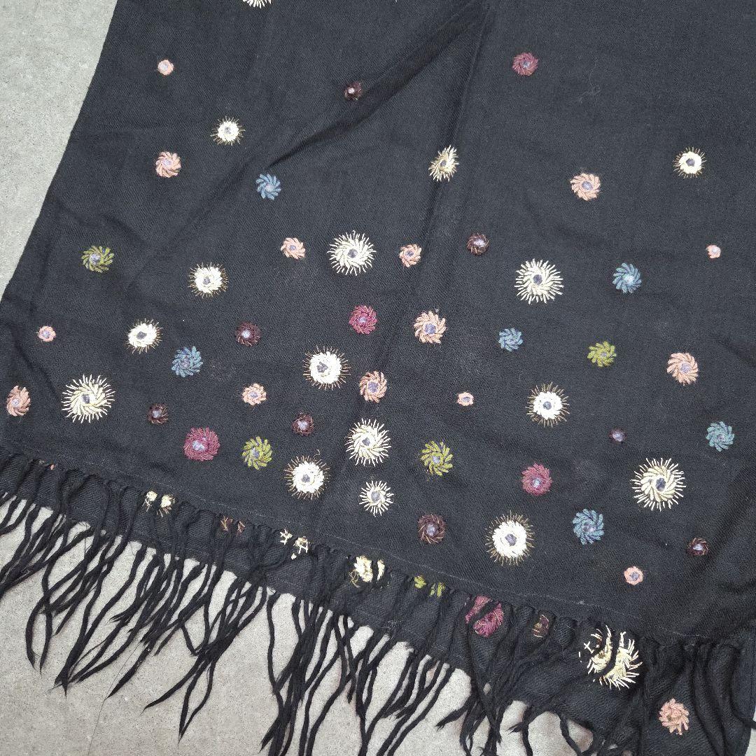 Paul Smithポールスミス ストール ブラック 花柄刺繍 フリンジ ウール