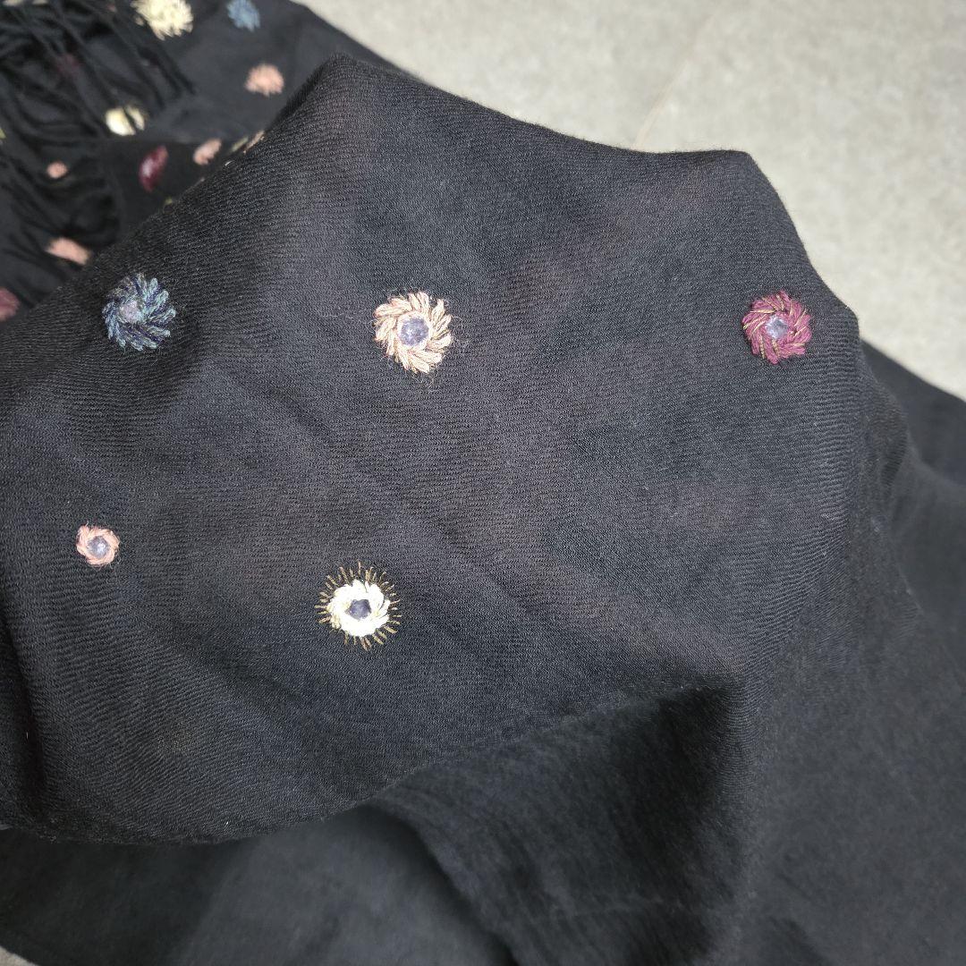 Paul Smithポールスミス ストール ブラック 花柄刺繍 フリンジ ウール