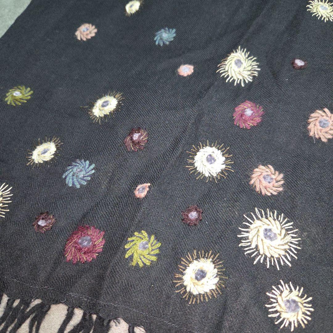 Paul Smithポールスミス ストール ブラック 花柄刺繍 フリンジ ウール