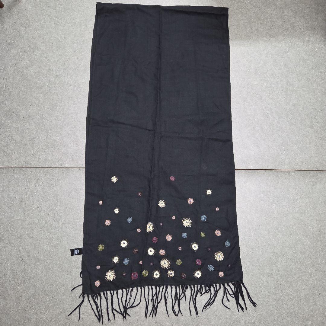 Paul Smithポールスミス ストール ブラック 花柄刺繍 フリンジ ウール
