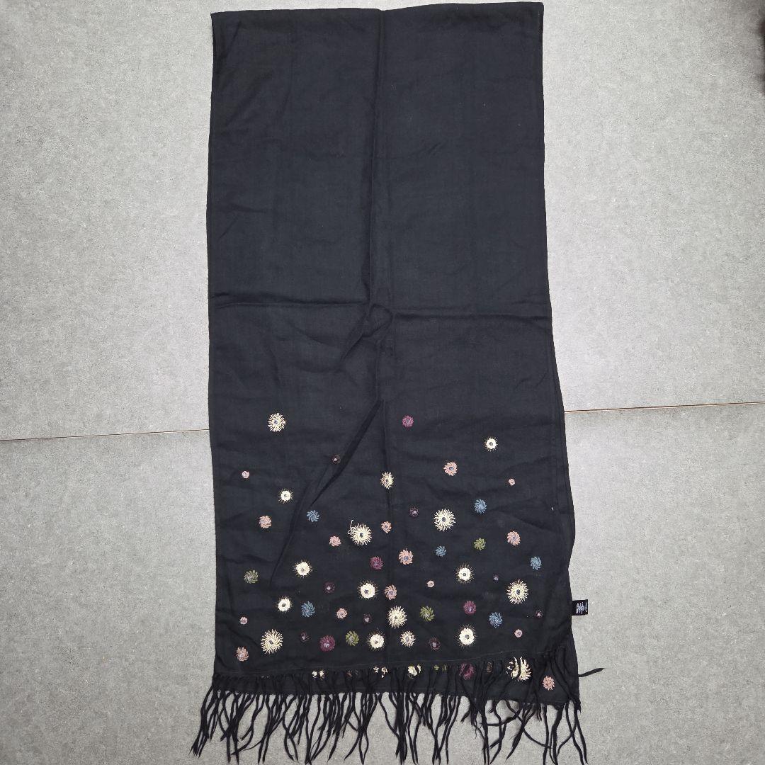 Paul Smithポールスミス ストール ブラック 花柄刺繍 フリンジ ウール