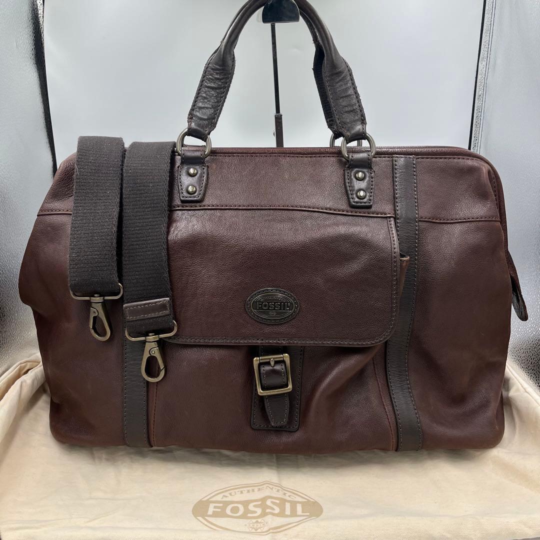 FOSSIL フォッシル ボストンバッグ 2way ブラウン レザー 保存袋付