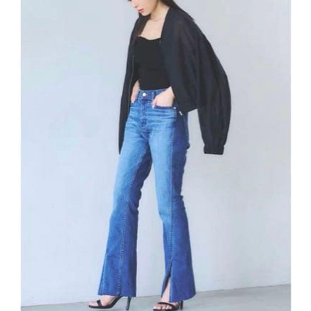 セミフレア✨anuans アシメヘムストレートデニムパンツ スリット ブルー M