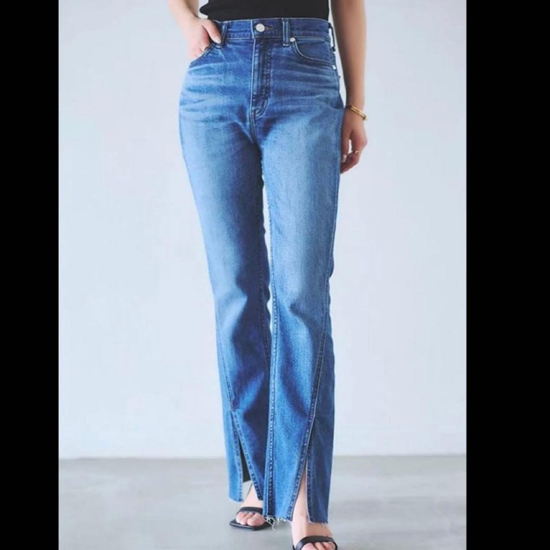 セミフレア✨anuans アシメヘムストレートデニムパンツ スリット ブルー M