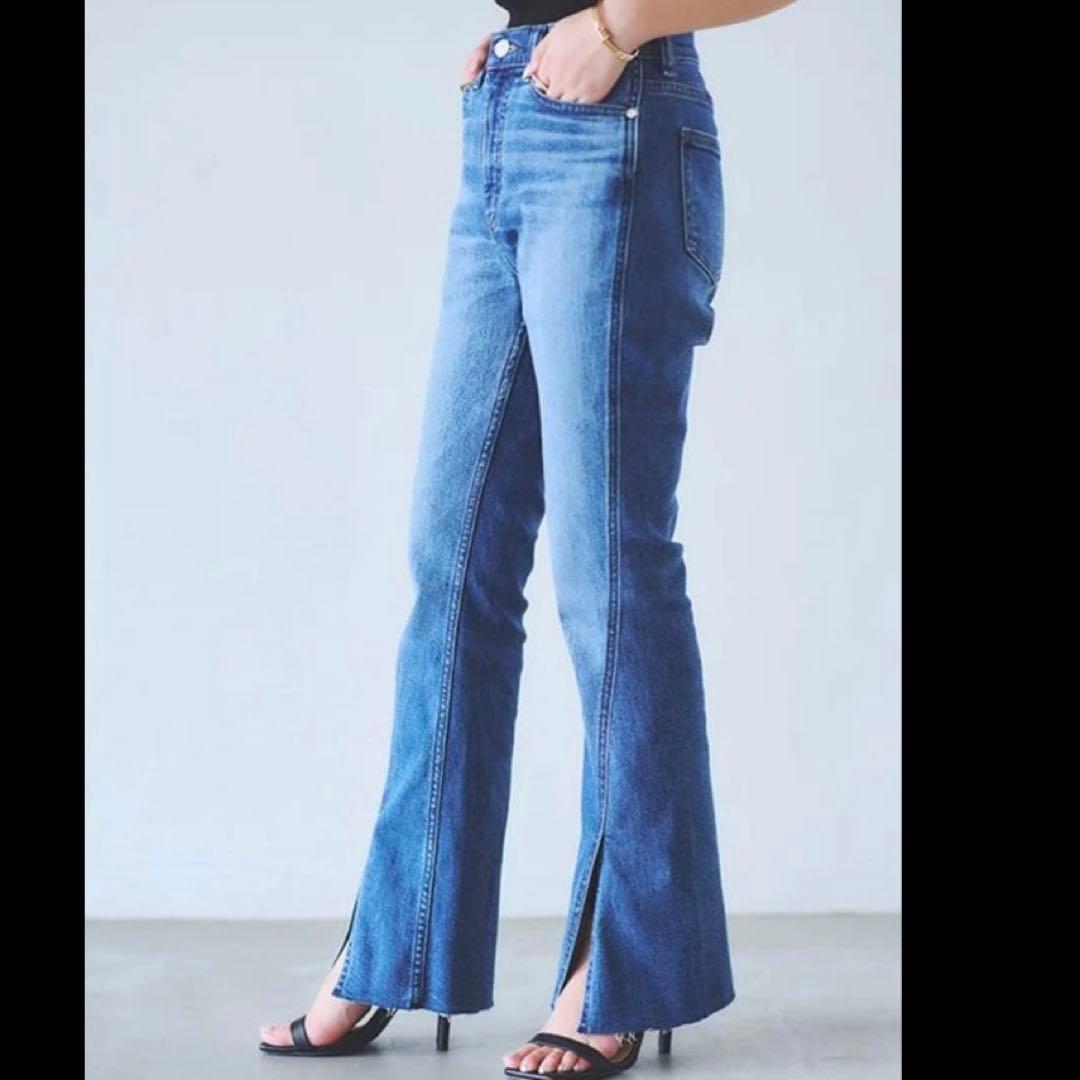セミフレア✨anuans アシメヘムストレートデニムパンツ スリット ブルー M