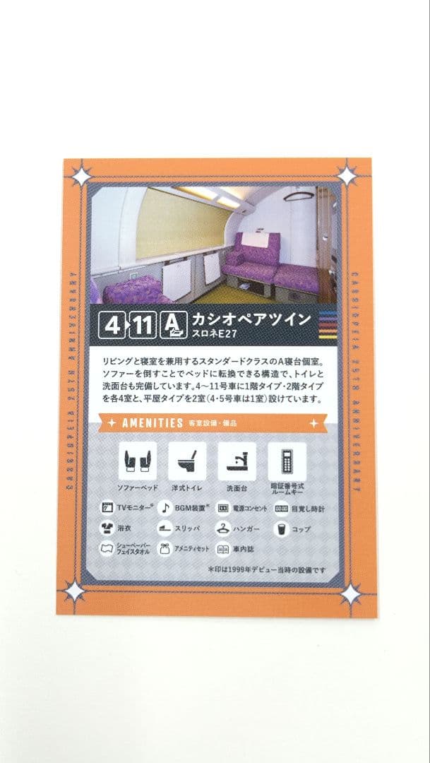 寝台特急カシオペア　25周年記念　コレクション台紙付　駅カード4枚セット