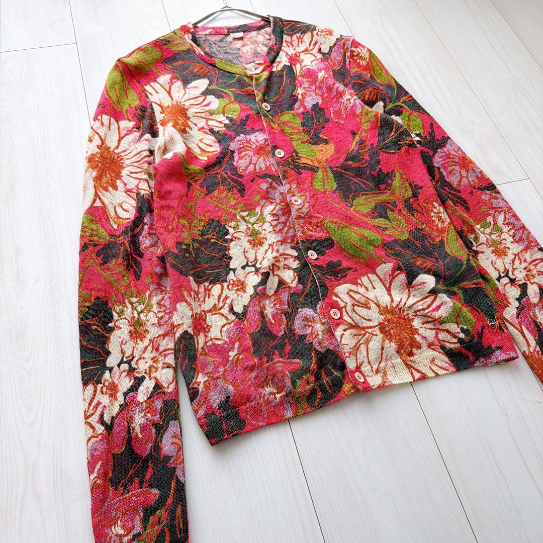 希少✨45R リネンKNITフラワーCARDIGAN R刺繍　花柄　カーディガン