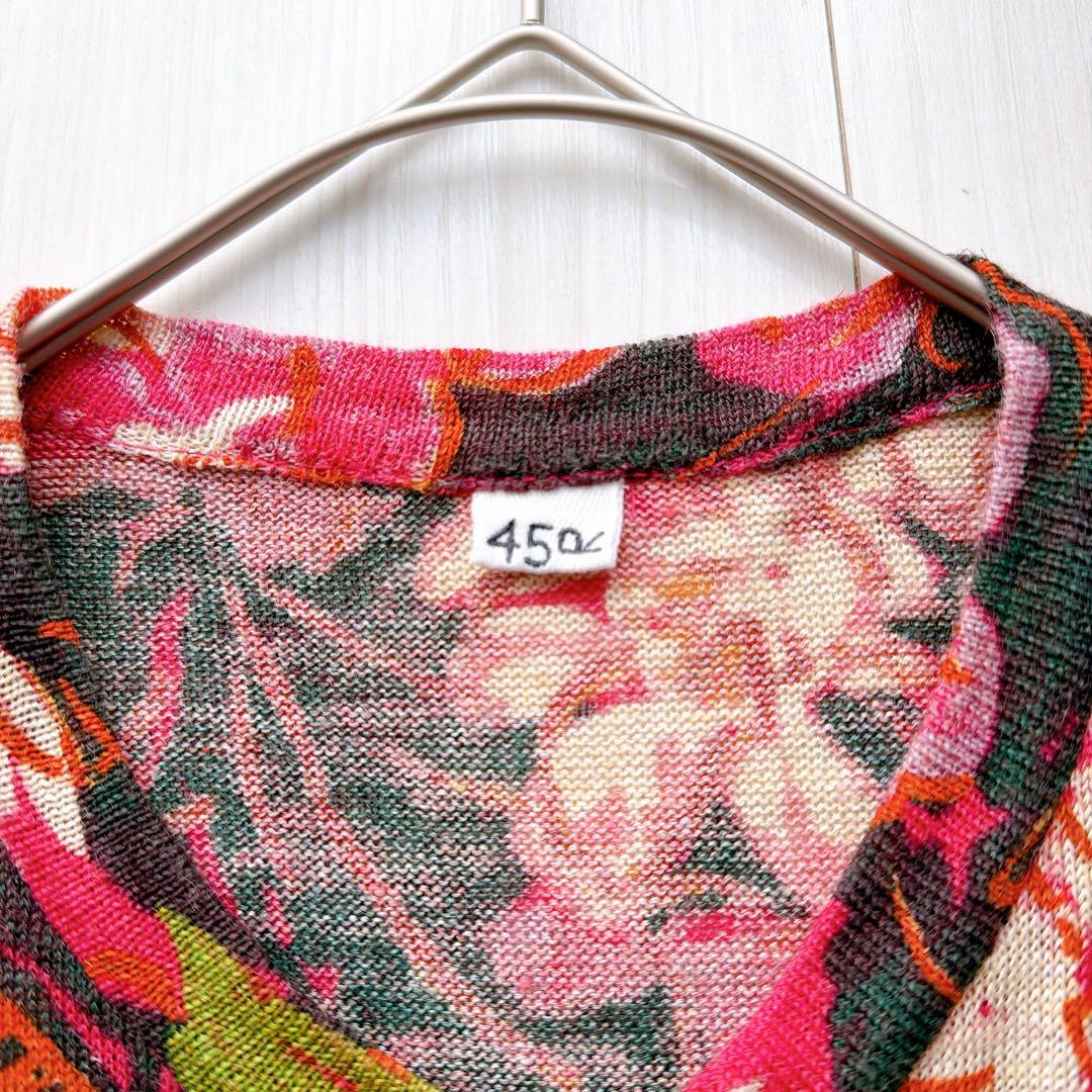 希少✨45R リネンKNITフラワーCARDIGAN R刺繍　花柄　カーディガン
